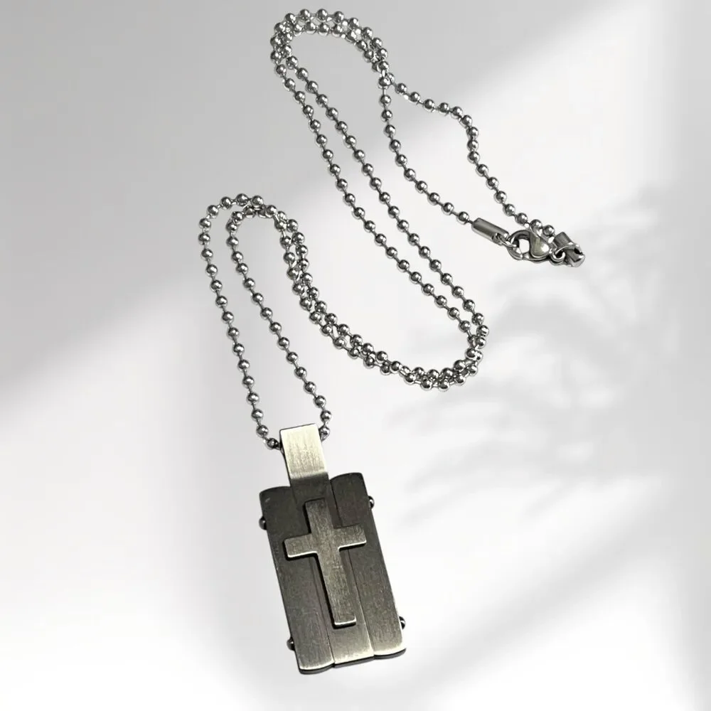 Mens Cross Necklace Dog Tag Chain Gunmetal Stainless Steel Christian Religious